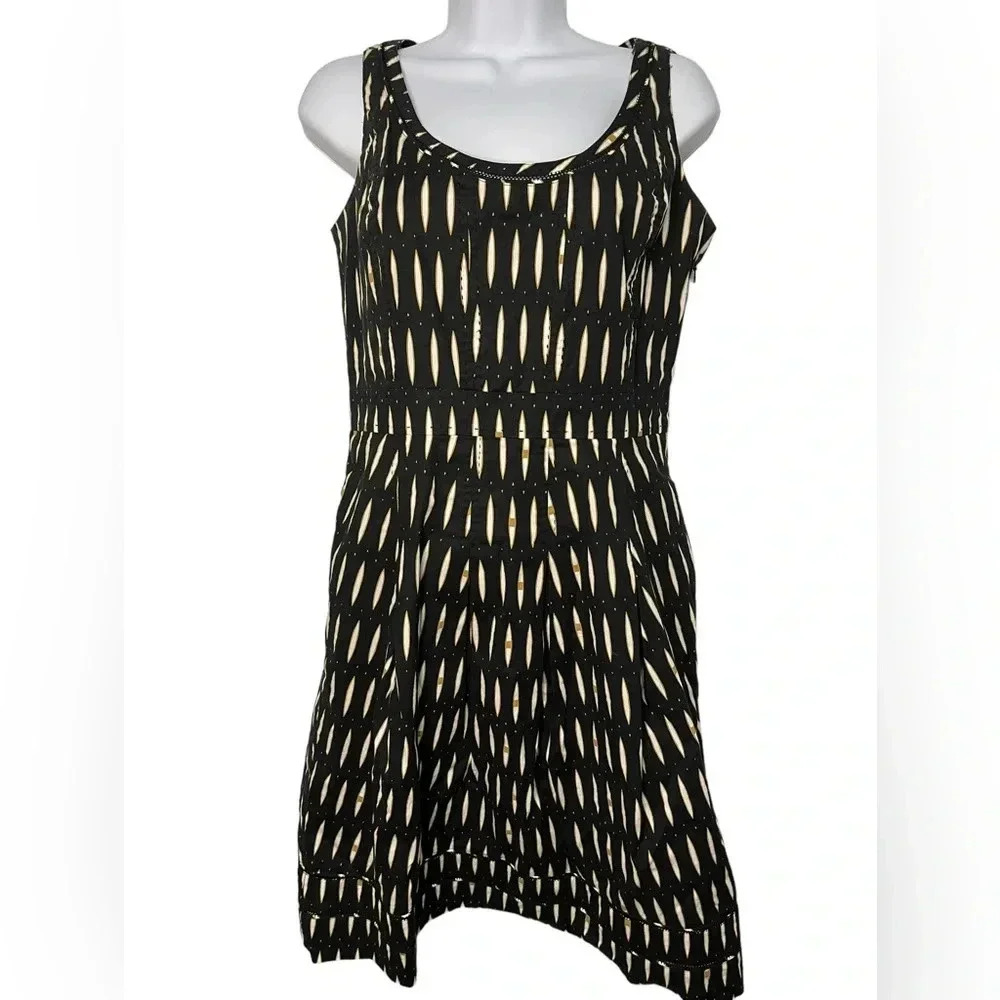 Tory Burch Fit & Flare Tribal Dress Size 10 Black/Tan/White EUC